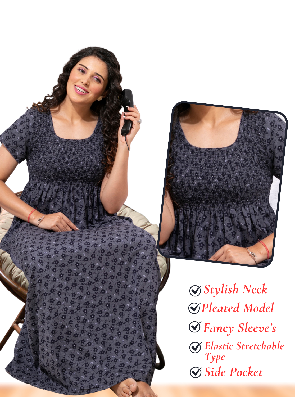 ONLY MINE Premium Smokey Nighty | Stretchable Elastic Type | Beautiful Pleated Model | Side Pocket | Stylish Nighty for Stylish Women's (OM-RAH)