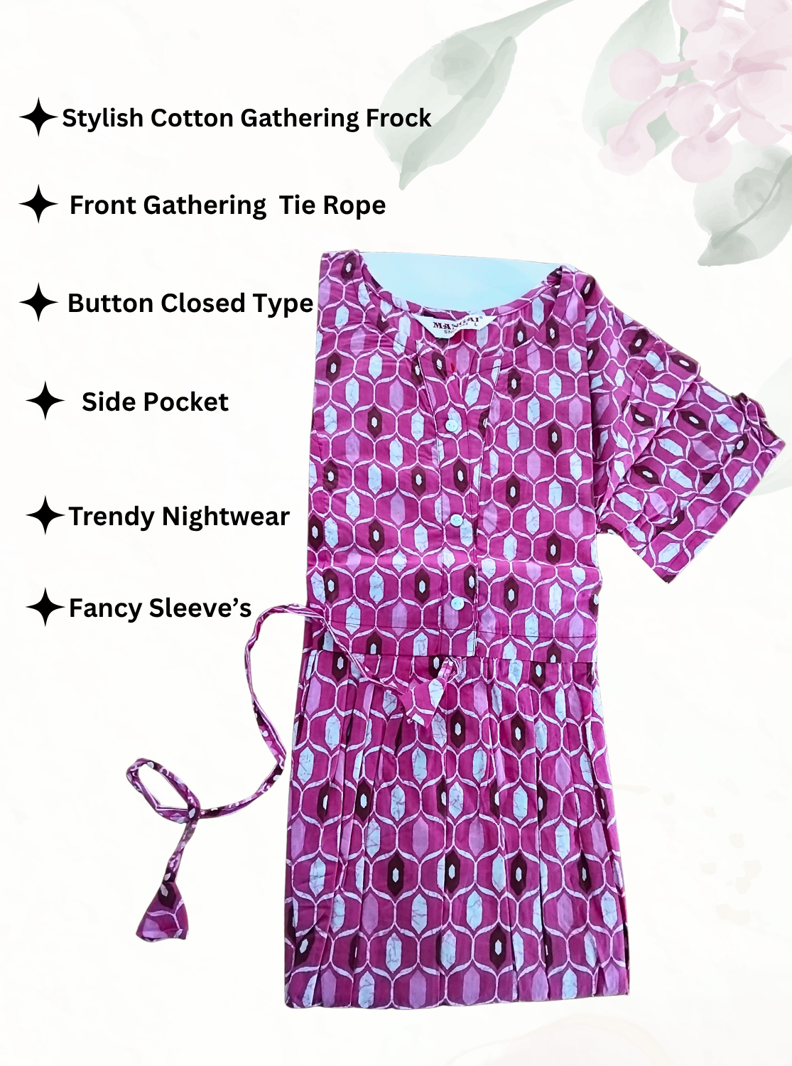 Cotton Gathering Frock for Summer Arrivals | Side Pocket | Button Closed | Elegant Casual Night Wear for Trendy Women's (CFK)