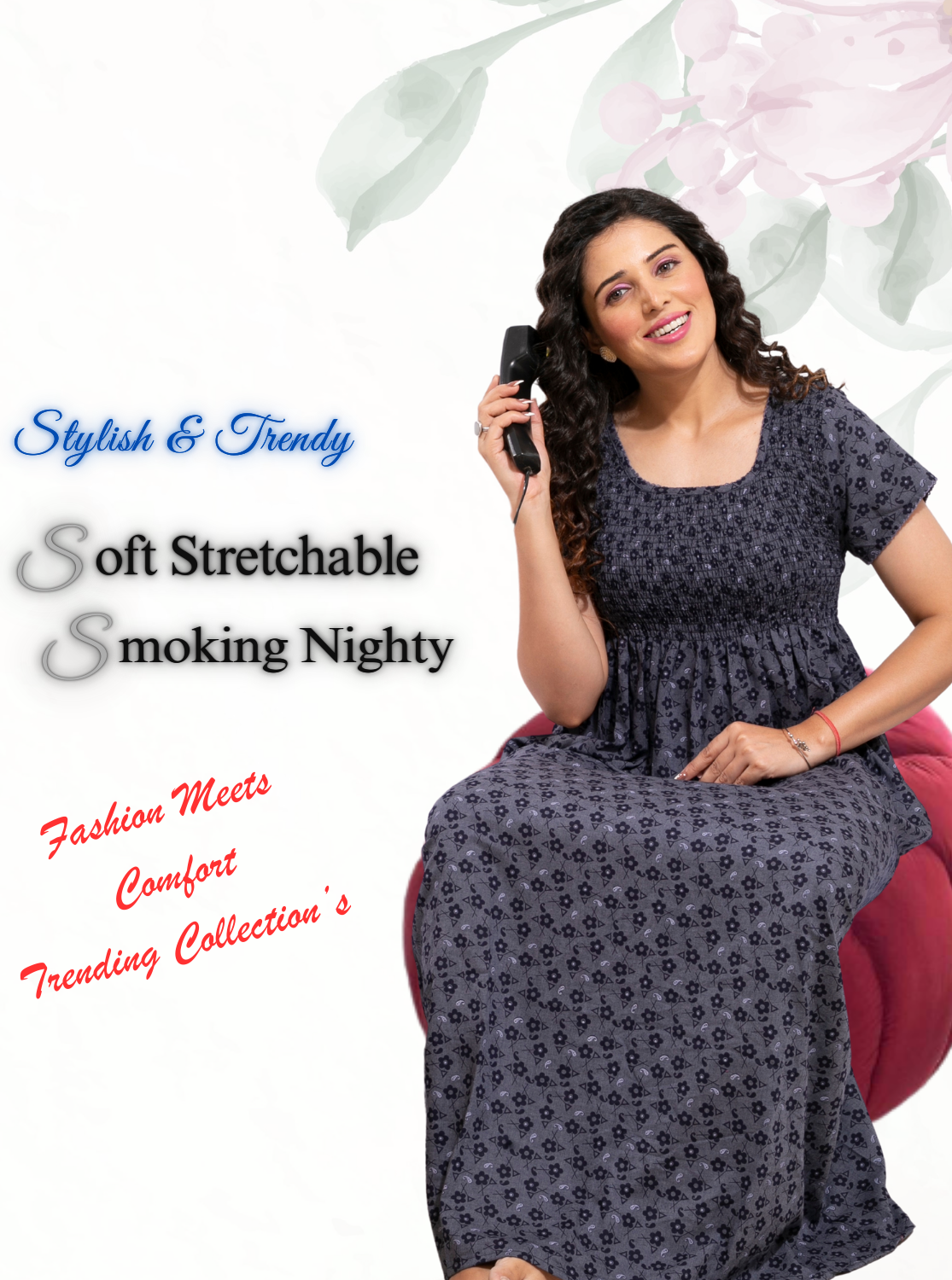 ONLY MINE Premium Smokey Nighty | Stretchable Elastic Type | Beautiful Pleated Model | Side Pocket | Stylish Nighty for Stylish Women's (OM-RAH)