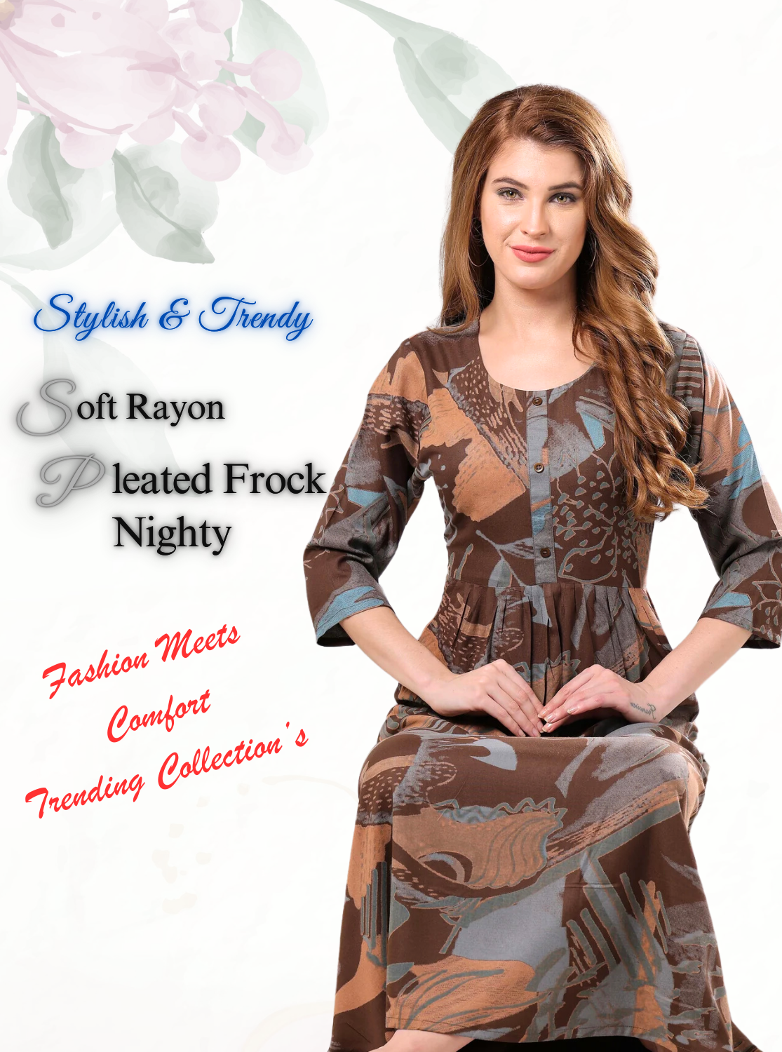 Latest Arrivals ONLY MINE Premium Rayon FROCK Model Pleated Nighties - Style 3/4 Length Sleeve | Soft & Smooth Cloths | Stylish Look | Perfect Nightdress for Trendy Women's (RCP)