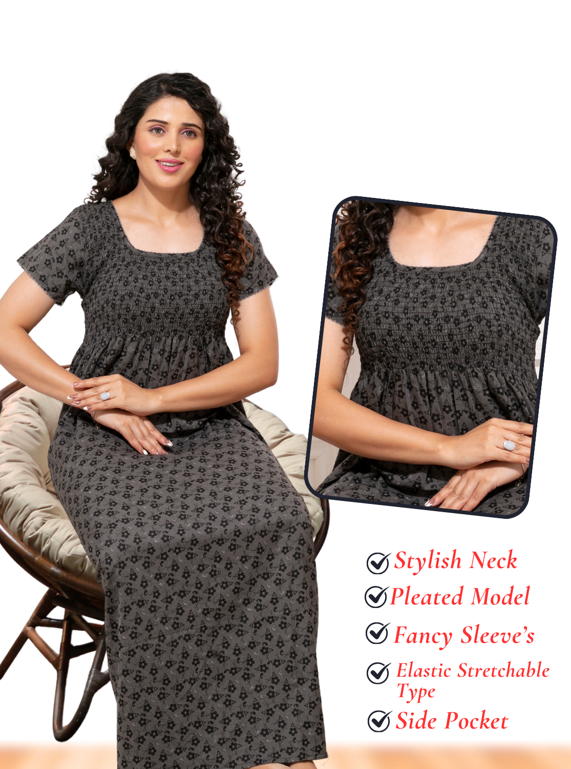 ONLY MINE Premium Smokey Nighty | Stretchable Elastic Type | Beautiful Pleated Model | Side Pocket | Stylish Nighty for Stylish Women's (OM-RAH)