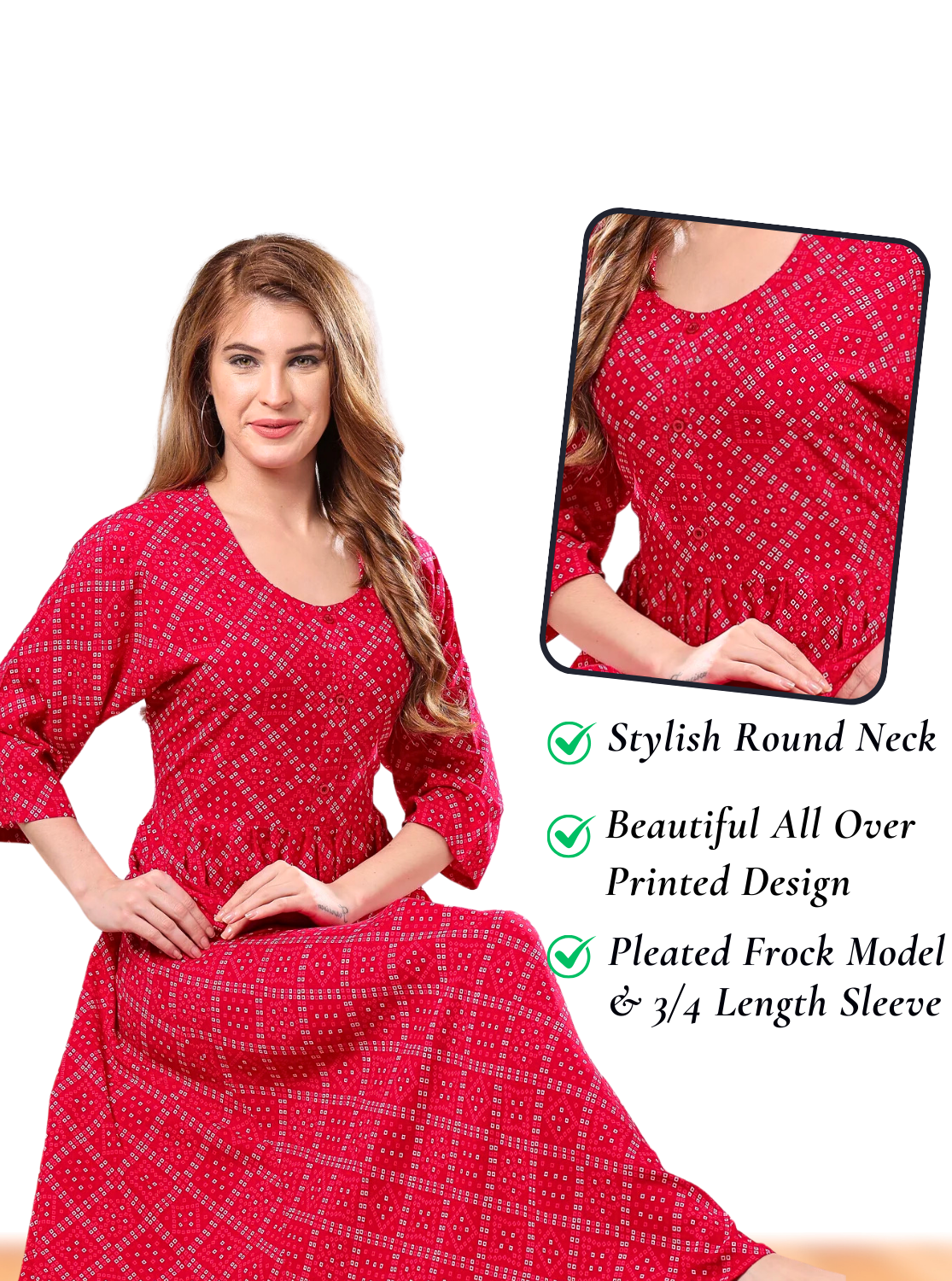 Latest Arrivals ONLY MINE Premium Rayon FROCK Model Pleated Nighties - Style 3/4 Length Sleeve | Soft & Smooth Cloths | Stylish Look | Perfect Nightdress for Trendy Women's (RCP)