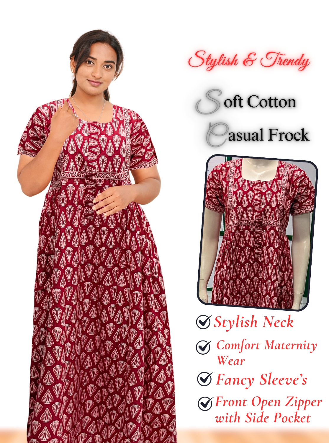 MANGAI Premium Casual Wear Cotton FROCK Model Nighties | Stylish Pleated Frock Style | Multipurpose Nighties | Casual & Pregnancy Wear | Pleated Model | Stylish Nighties for Stylish Women (MW)