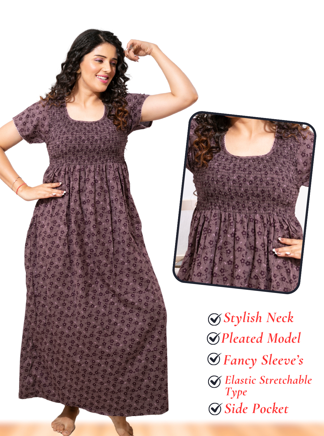 ONLY MINE Premium Smokey Nighty | Stretchable Elastic Type | Beautiful Pleated Model | Side Pocket | Stylish Nighty for Stylish Women's (OM-RAH)