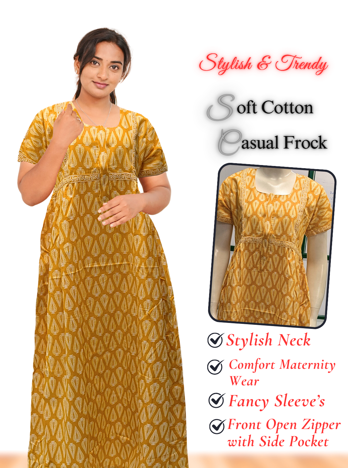 MANGAI Premium Casual Wear Cotton FROCK Model Nighties | Stylish Pleated Frock Style | Multipurpose Nighties | Casual & Pregnancy Wear | Pleated Model | Stylish Nighties for Stylish Women (MW)