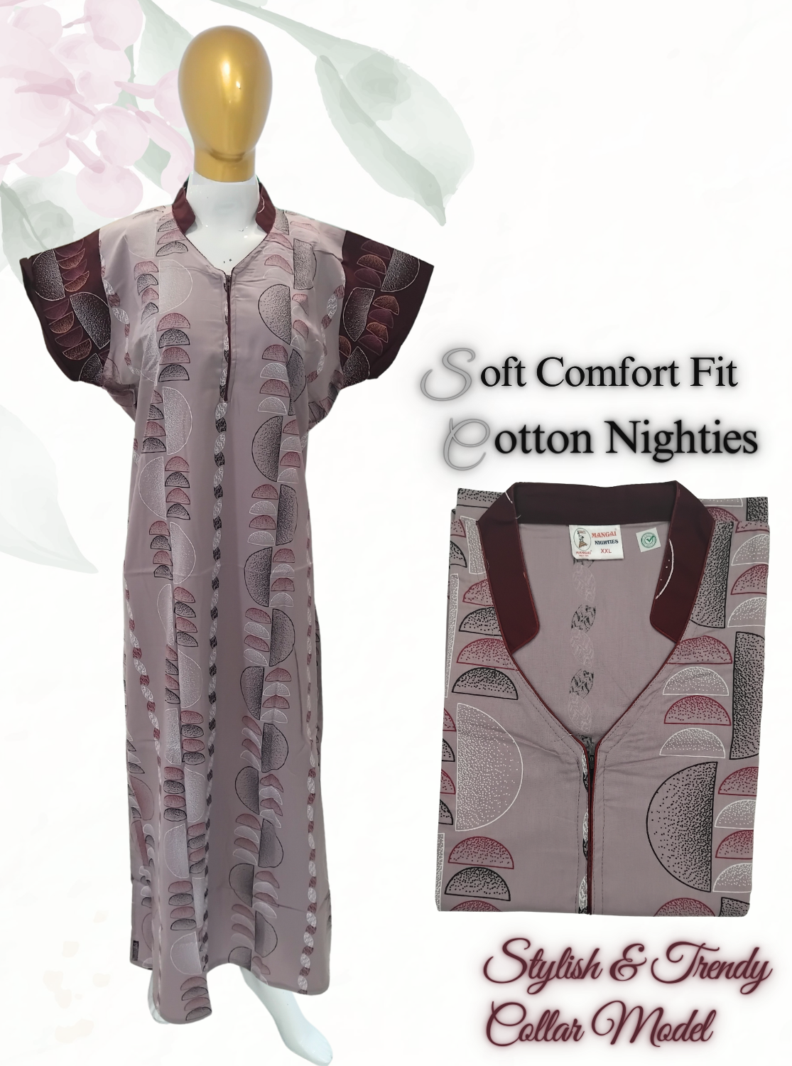 MANGAI New Regular Fit Cotton PrintedNighties - All Over Printed Stylish COLLAR Model Nighties| Side Cut Pocket | Beautiful Nighties for Stylish Women's (EM)