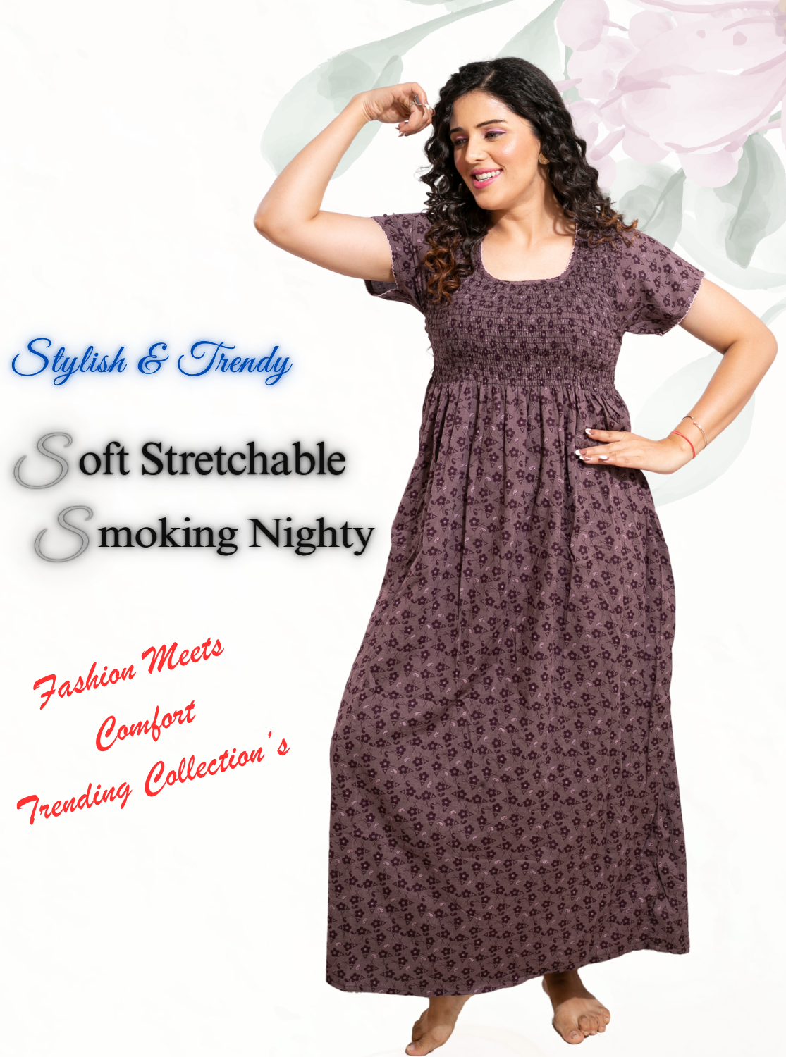 ONLY MINE Premium Smokey Nighty | Stretchable Elastic Type | Beautiful Pleated Model | Side Pocket | Stylish Nighty for Stylish Women's (OM-RAH)