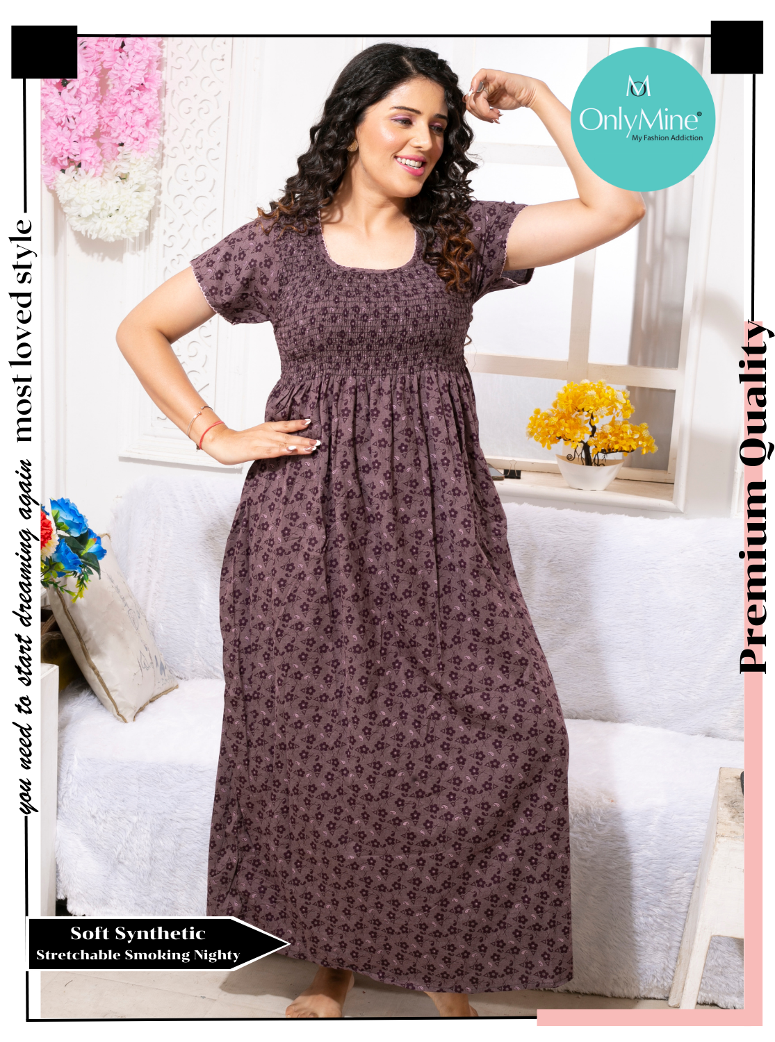 ONLY MINE Premium Smokey Nighty | Stretchable Elastic Type | Beautiful Pleated Model | Side Pocket | Stylish Nighty for Stylish Women's (OM-RAH)