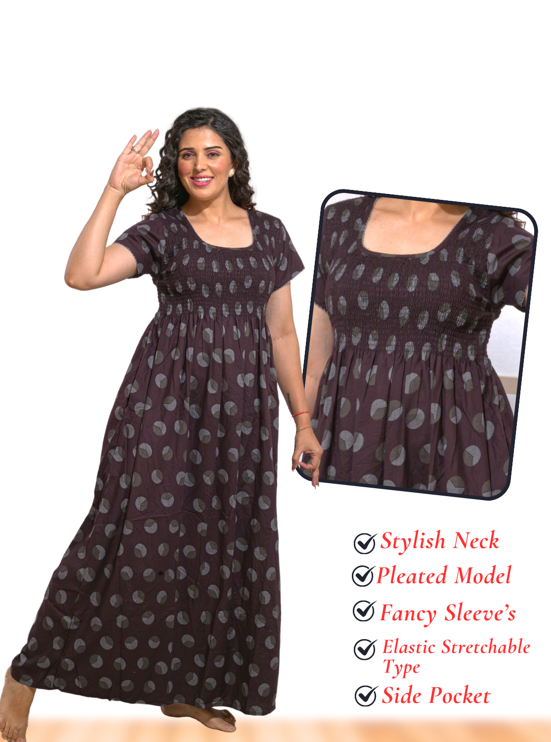 ONLY MINE Premium Smokey Nighty | Stretchable Elastic Type | Beautiful Pleated Model | Side Pocket | Stylish Nighty for Stylish Women's (OM-RAH)