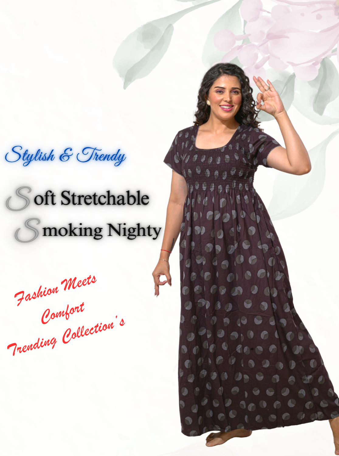 ONLY MINE Premium Smokey Nighty | Stretchable Elastic Type | Beautiful Pleated Model | Side Pocket | Stylish Nighty for Stylish Women's (OM-RAH)