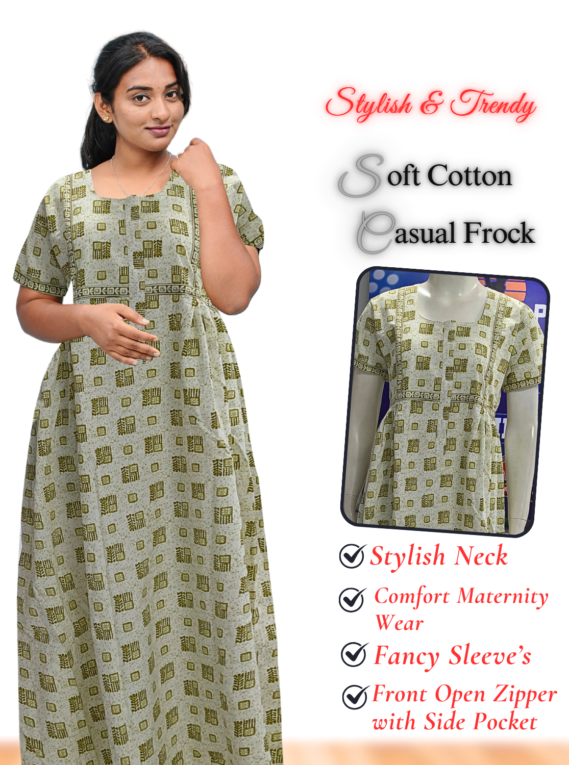 MANGAI Premium Casual Wear Cotton FROCK Model Nighties | Stylish Pleated Frock Style | Multipurpose Nighties | Casual & Pregnancy Wear | Pleated Model | Stylish Nighties for Stylish Women (MW)