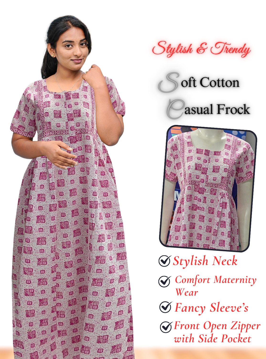 MANGAI Premium Casual Wear Cotton FROCK Model Nighties | Stylish Pleated Frock Style | Multipurpose Nighties | Casual & Pregnancy Wear | Pleated Model | Stylish Nighties for Stylish Women (MW)