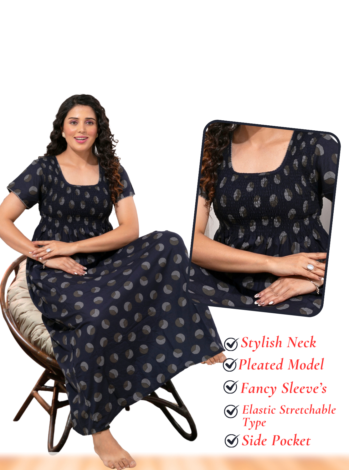 ONLY MINE Premium Smokey Nighty | Stretchable Elastic Type | Beautiful Pleated Model | Side Pocket | Stylish Nighty for Stylish Women's (OM-RAH)