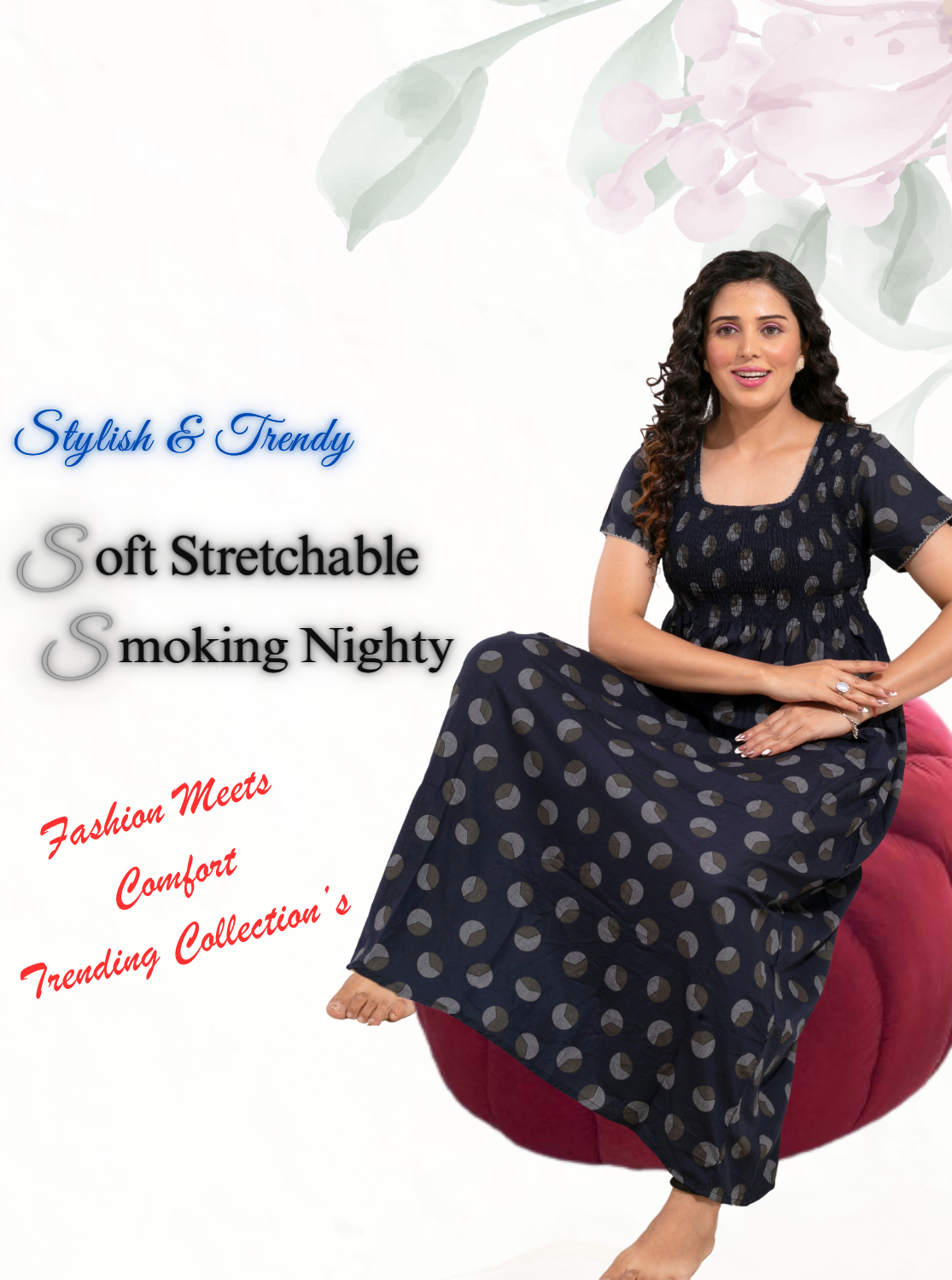 ONLY MINE Premium Smokey Nighty | Stretchable Elastic Type | Beautiful Pleated Model | Side Pocket | Stylish Nighty for Stylish Women's (OM-RAH)