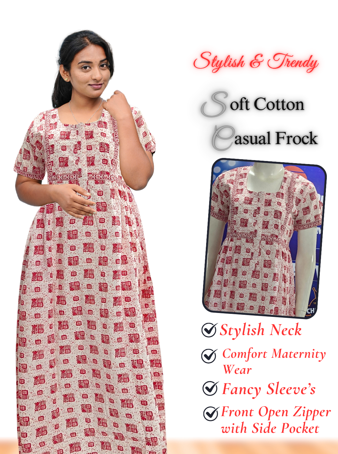 MANGAI Premium Casual Wear Cotton FROCK Model Nighties | Stylish Pleated Frock Style | Multipurpose Nighties | Casual & Pregnancy Wear | Pleated Model | Stylish Nighties for Stylish Women (MW)