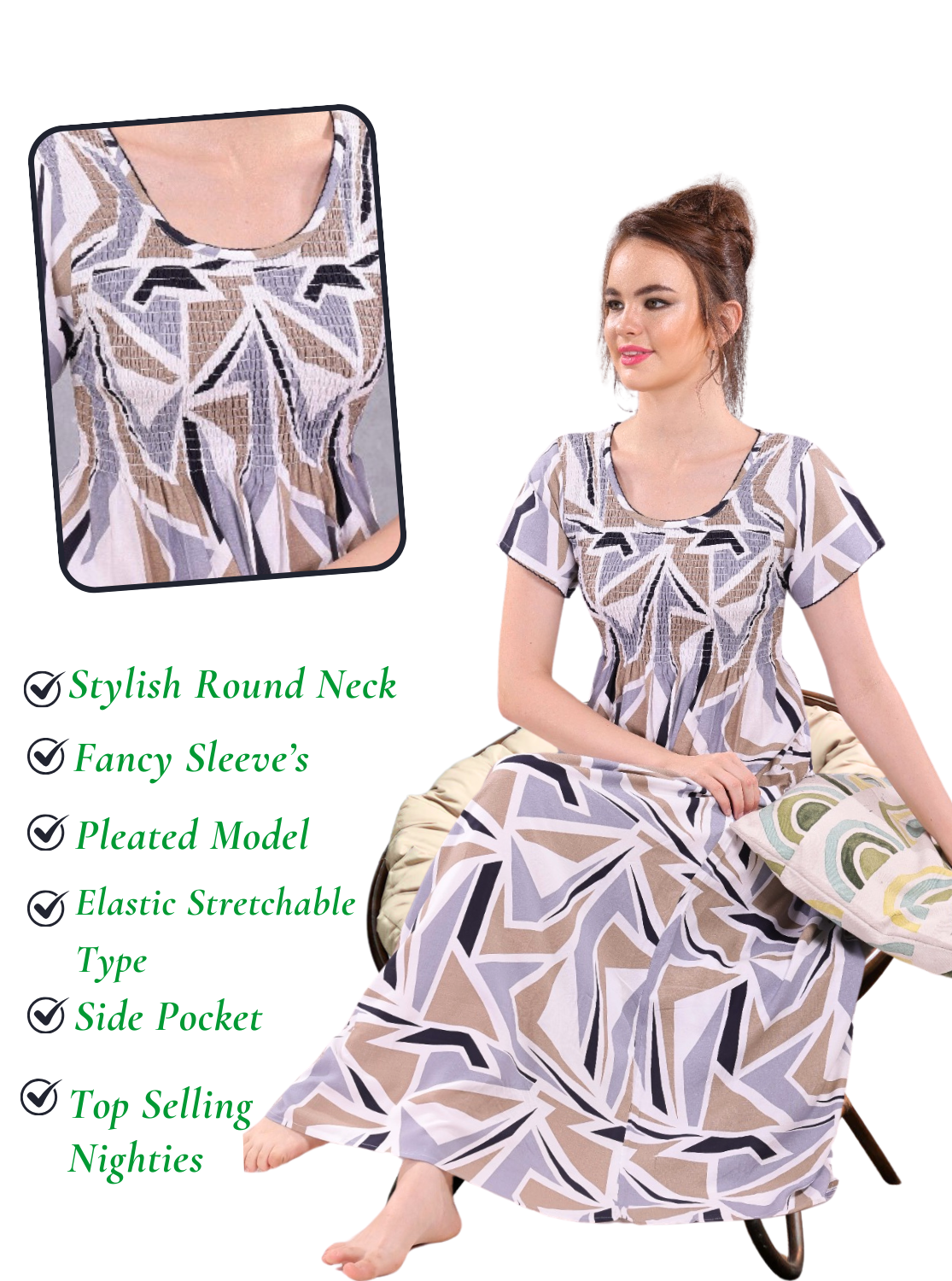 New Arrivals MANGAI Premium RAYON Smokey Nighty | Beautiful Pleated Design | Side Pocket | Stylish Nighty for Trendy Women's | Your Perfect Nightwear Collection's (RYS)