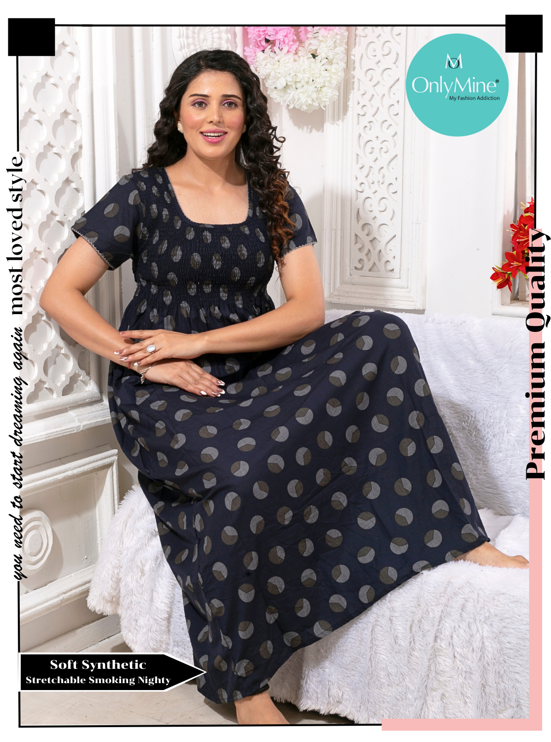 ONLY MINE Premium Smokey Nighty | Stretchable Elastic Type | Beautiful Pleated Model | Side Pocket | Stylish Nighty for Stylish Women's (OM-RAH)