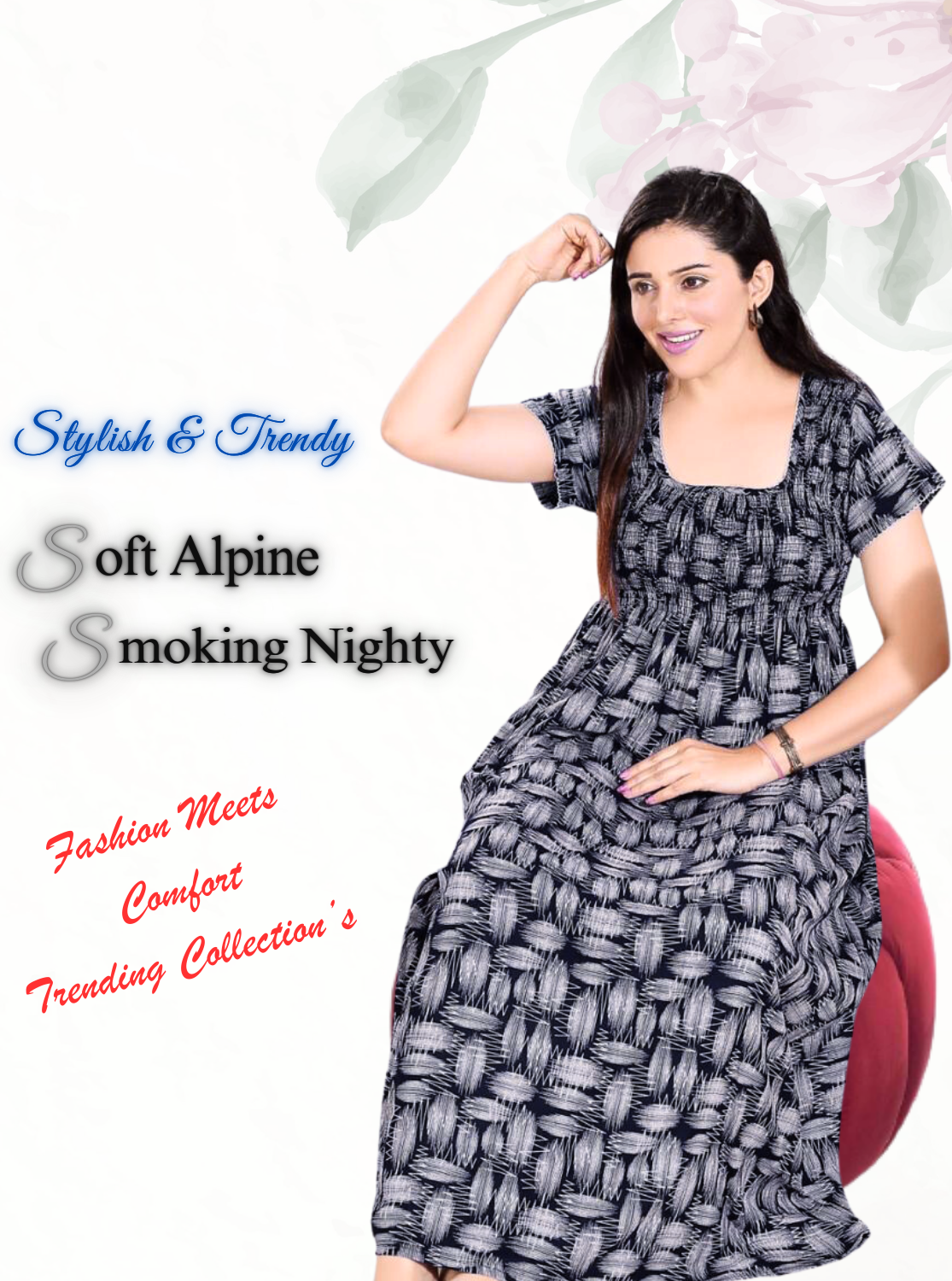 New Arrivals ONLY MINE Premium ALPINE Smokey Nighty | Beautiful Pleated Design | Side Pocket | Stylish Nighty for Trendy Women's | Your Perfect Nightwear Collection's (ALS)