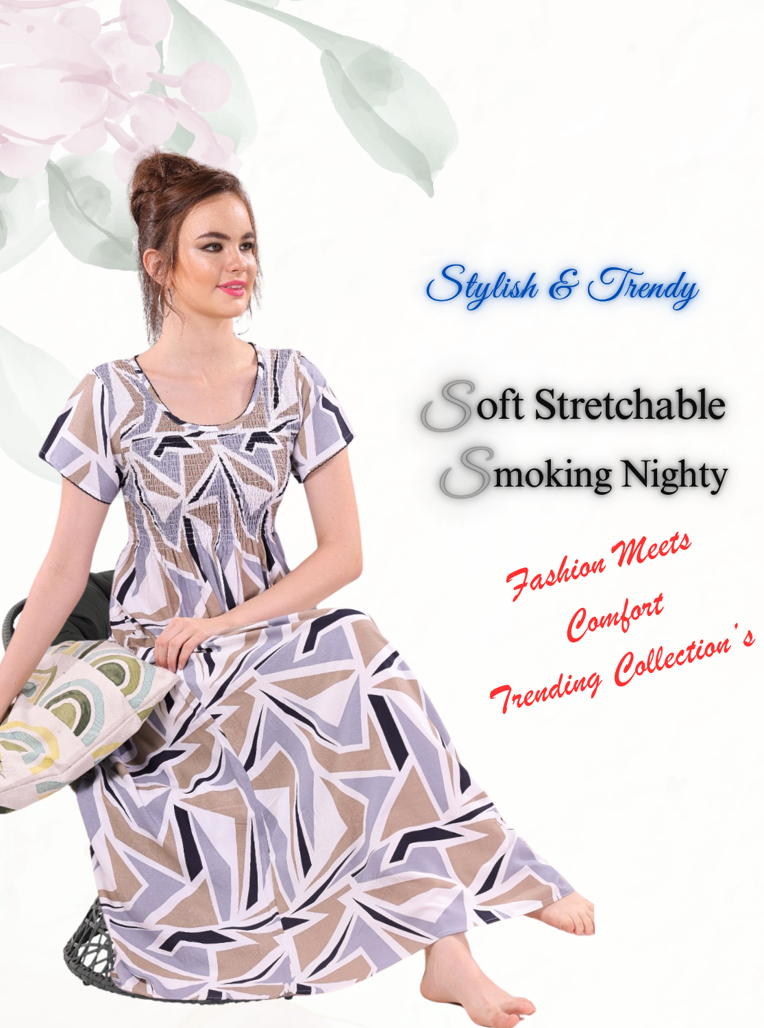 New Arrivals MANGAI Premium RAYON Smokey Nighty | Beautiful Pleated Design | Side Pocket | Stylish Nighty for Trendy Women's | Your Perfect Nightwear Collection's (RYS)