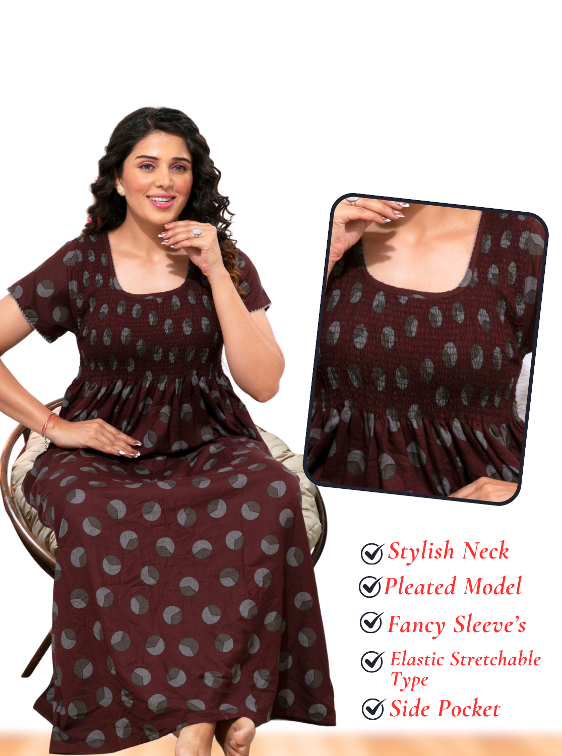 ONLY MINE Premium Smokey Nighty | Stretchable Elastic Type | Beautiful Pleated Model | Side Pocket | Stylish Nighty for Stylish Women's (OM-RAH)