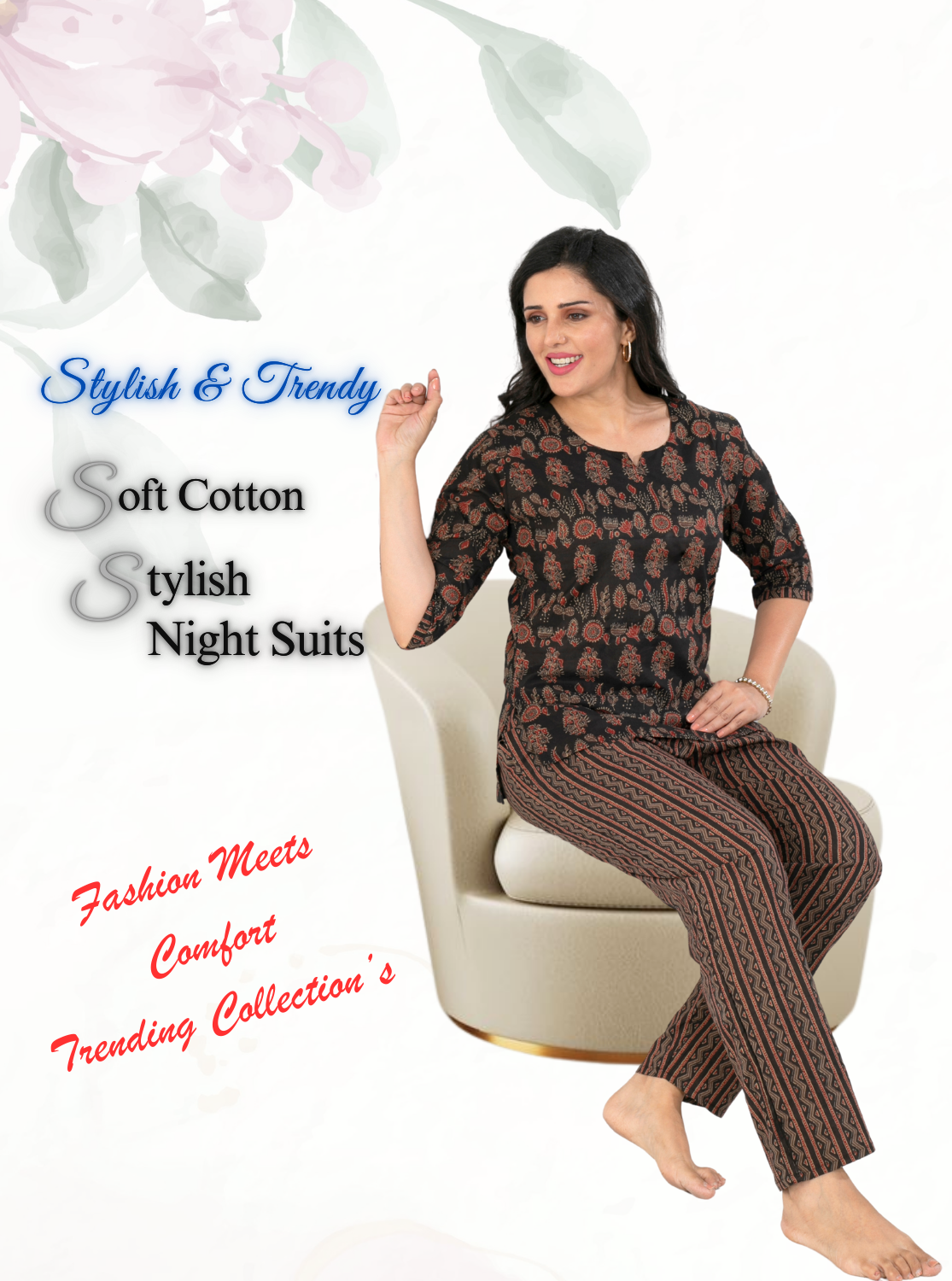 MANGAI Premium Cotton Printed Night Suits | Stylish Print's All Over | Top & Bottom Set | 3/4 Sleeve | Trendy Night Suits for Stylish Women's (CNS)
