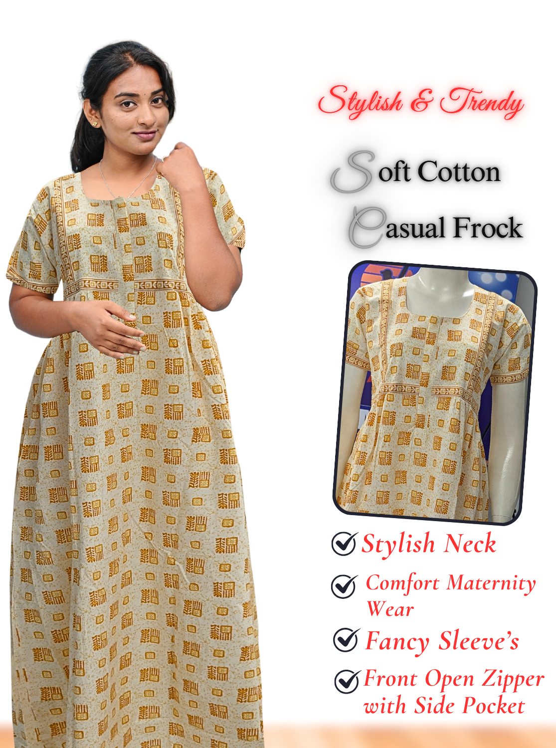 MANGAI Premium Casual Wear Cotton FROCK Model Nighties | Stylish Pleated Frock Style | Multipurpose Nighties | Casual & Pregnancy Wear | Pleated Model | Stylish Nighties for Stylish Women (MW)