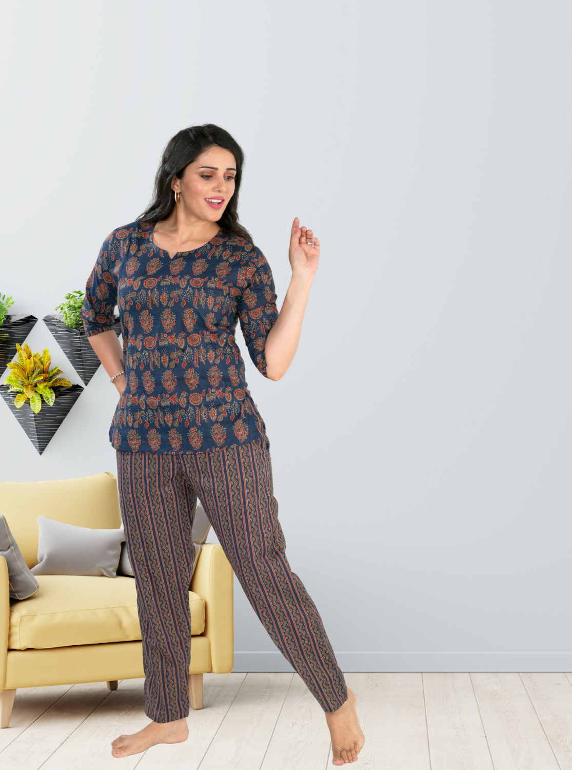 MANGAI Premium Cotton Printed Night Suits | Stylish Print's All Over | Top & Bottom Set | 3/4 Sleeve | Trendy Night Suits for Stylish Women's (CNS)