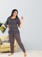 MANGAI Premium Cotton Printed Night Suits | Stylish Print's All Over | Top & Bottom Set | 3/4 Sleeve | Trendy Night Suits for Stylish Women's (CNS)