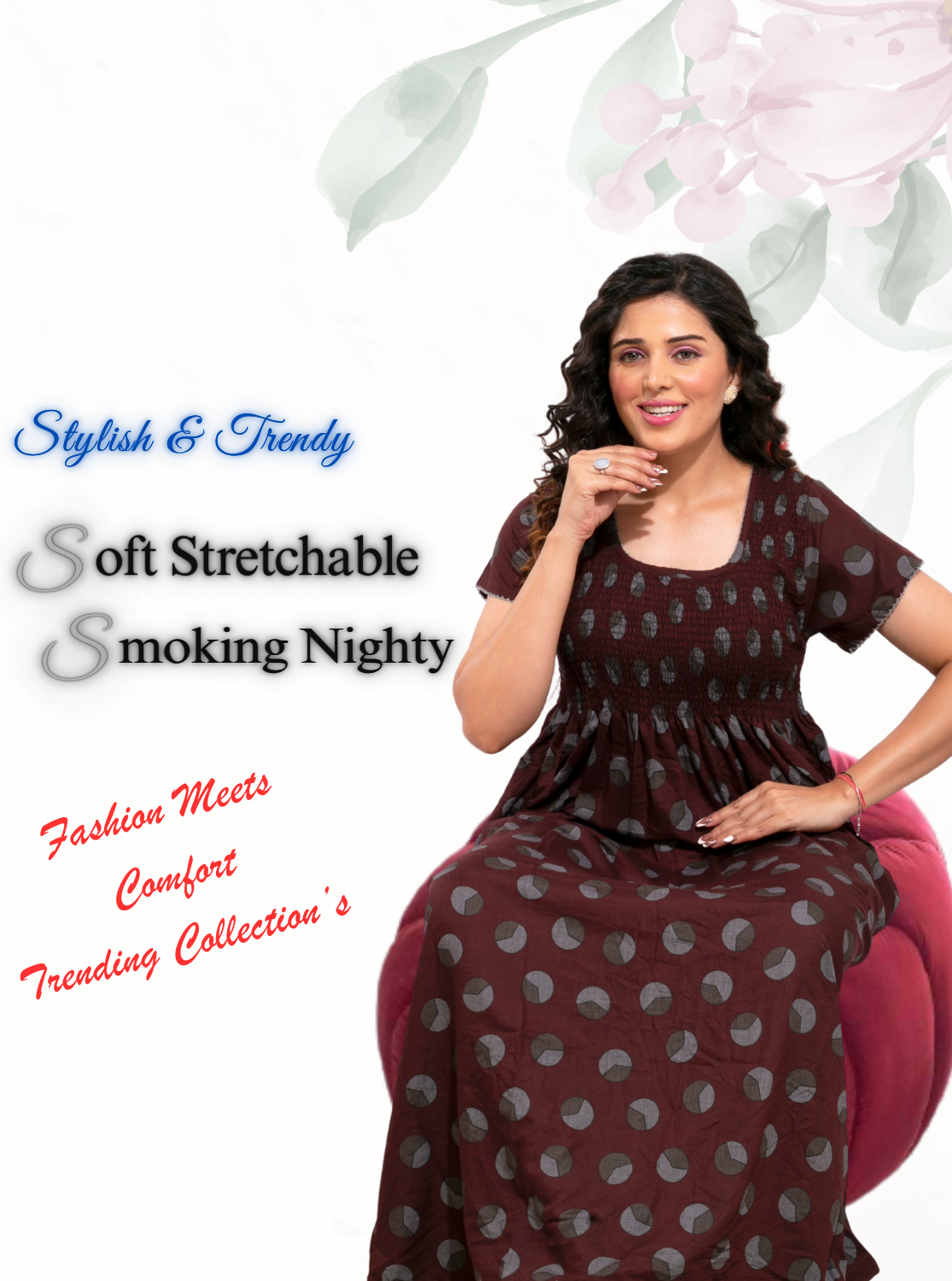 ONLY MINE Premium Smokey Nighty | Stretchable Elastic Type | Beautiful Pleated Model | Side Pocket | Stylish Nighty for Stylish Women's (OM-RAH)