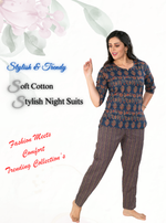 MANGAI Premium Cotton Printed Night Suits | Stylish Print's All Over | Top & Bottom Set | 3/4 Sleeve | Trendy Night Suits for Stylish Women's (CNS)