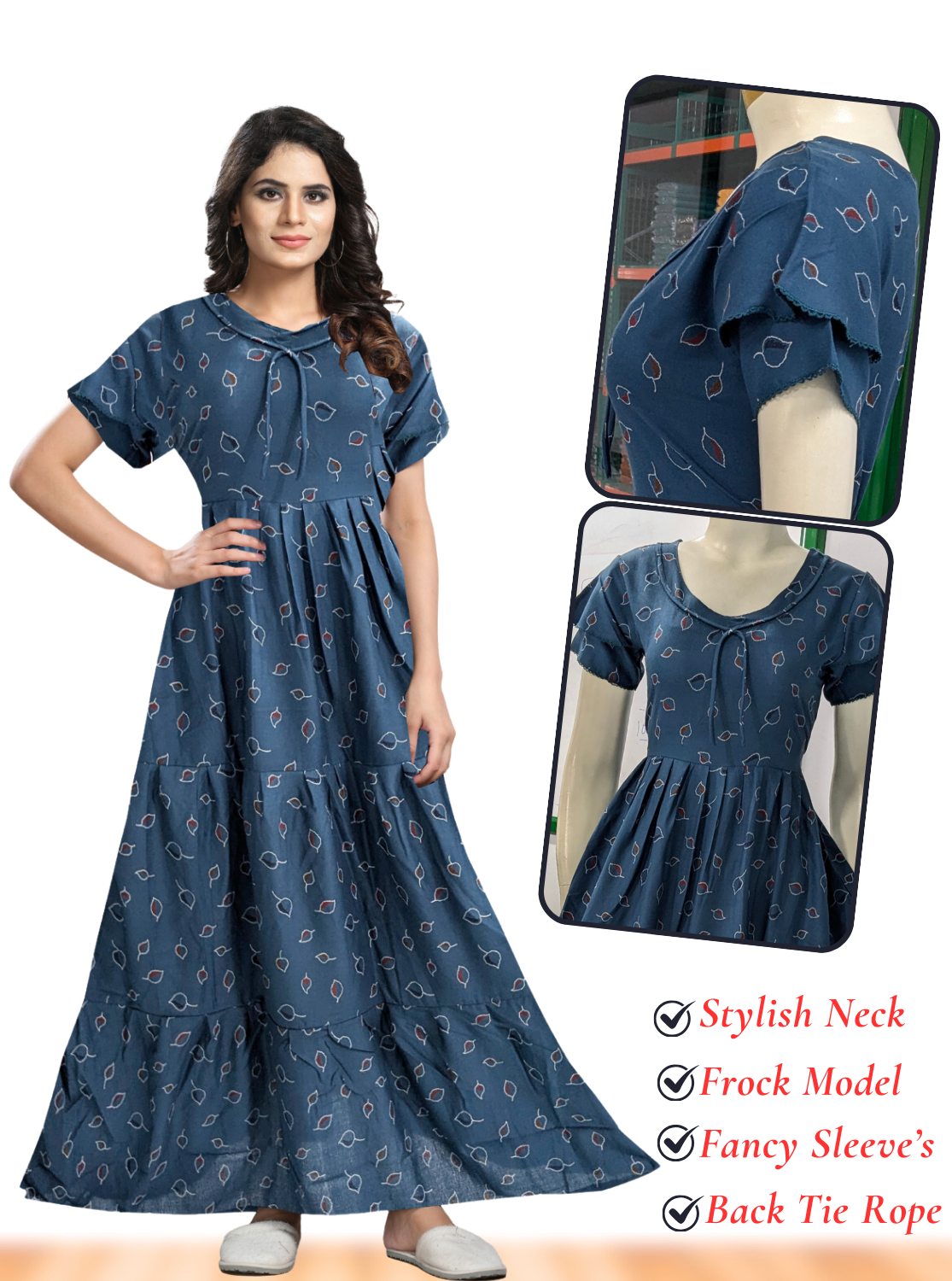 Fresh Arrivals MANGAI Alpine FULL FROCK Model Nighties | Beautiful Stylish Frock Style | Stylish Fancy Sleeves | Side Pocket | Perfect Nightwear Trendy Women's (FRK)