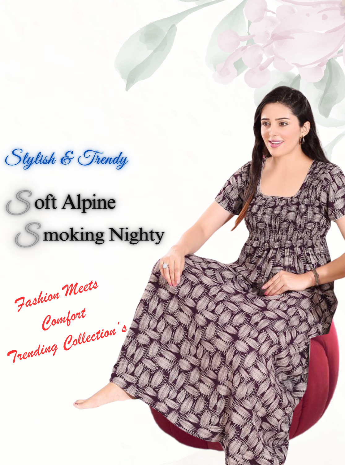 New Arrivals ONLY MINE Premium ALPINE Smokey Nighty | Beautiful Pleated Design | Side Pocket | Stylish Nighty for Trendy Women's | Your Perfect Nightwear Collection's (ALS)