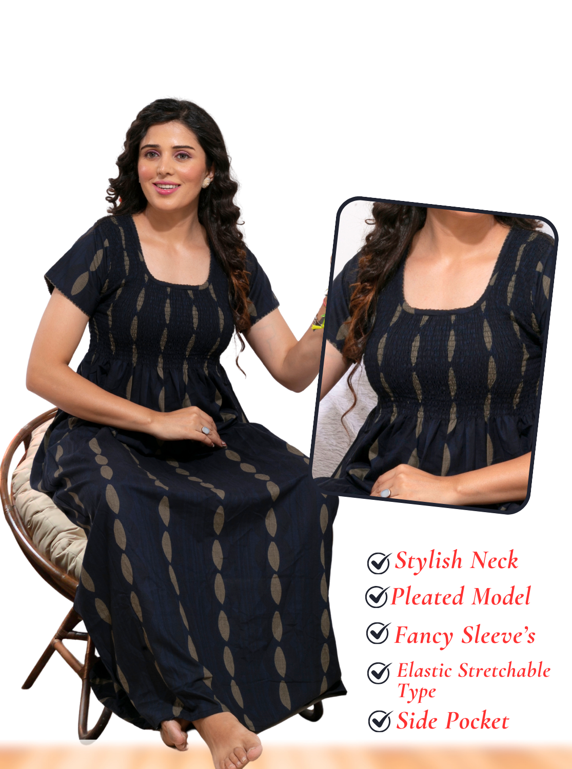 ONLY MINE Premium Smokey Nighty | Stretchable Elastic Type | Beautiful Pleated Model | Side Pocket | Stylish Nighty for Stylish Women's (OM-RAH)