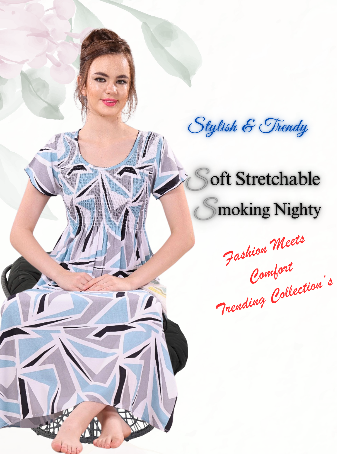 New Arrivals MANGAI Premium RAYON Smokey Nighty | Beautiful Pleated Design | Side Pocket | Stylish Nighty for Trendy Women's | Your Perfect Nightwear Collection's (RYS)