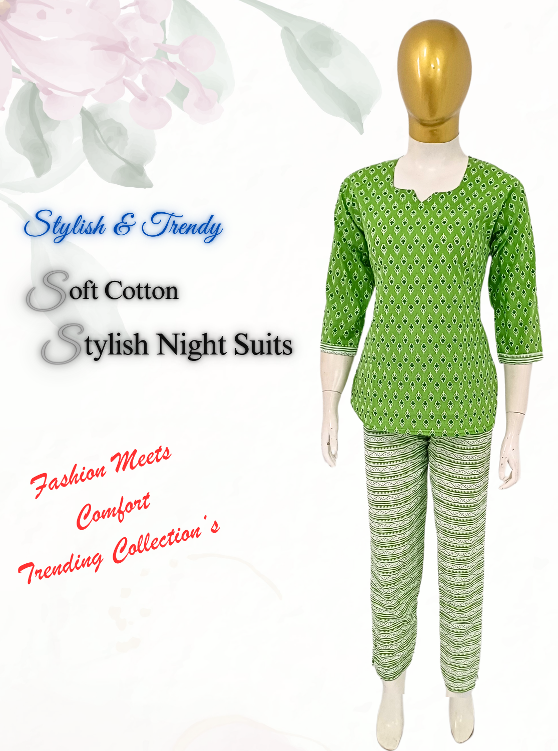 MANGAI Premium Cotton Printed Cambric Night Suits | Stylish Print's All Over | Top & Bottom Set | 3/4 Sleeve | Trendy Night Suits for Stylish Women's (CMNS)