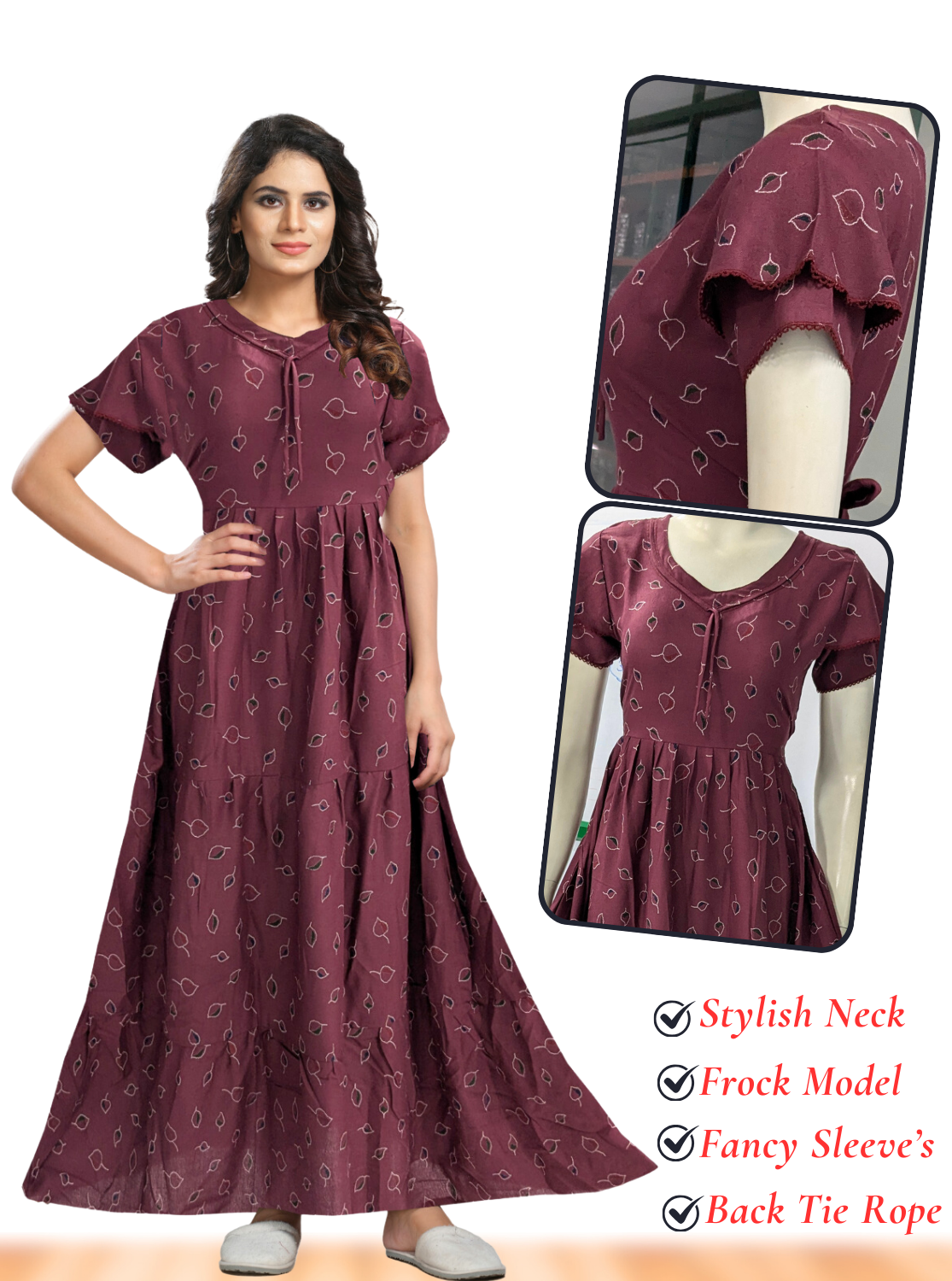 Fresh Arrivals MANGAI Alpine FULL FROCK Model Nighties | Beautiful Stylish Frock Style | Stylish Fancy Sleeves | Side Pocket | Perfect Nightwear Trendy Women's (FRK)