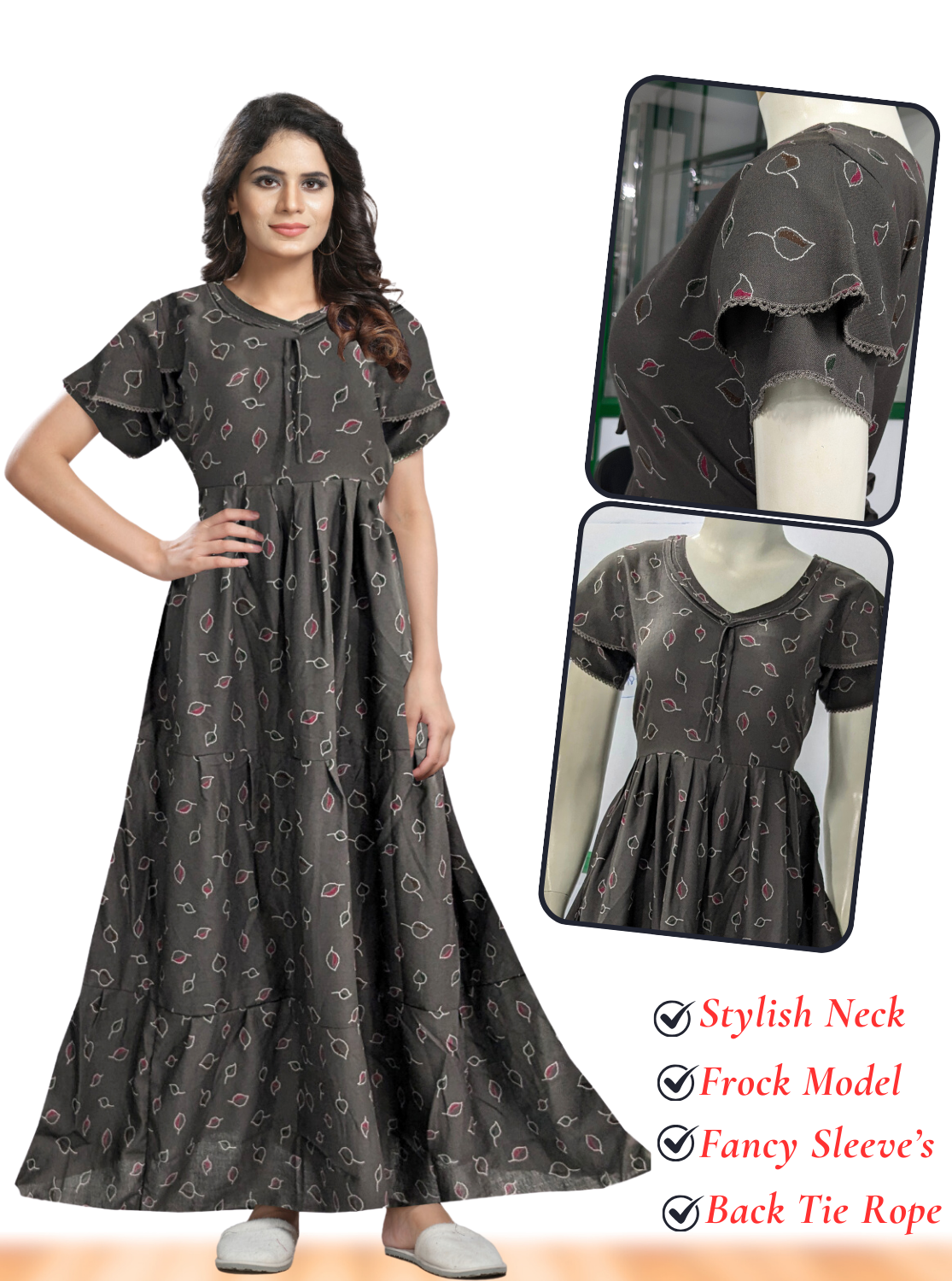 Fresh Arrivals MANGAI Alpine FULL FROCK Model Nighties | Beautiful Stylish Frock Style | Stylish Fancy Sleeves | Side Pocket | Perfect Nightwear Trendy Women's (FRK)