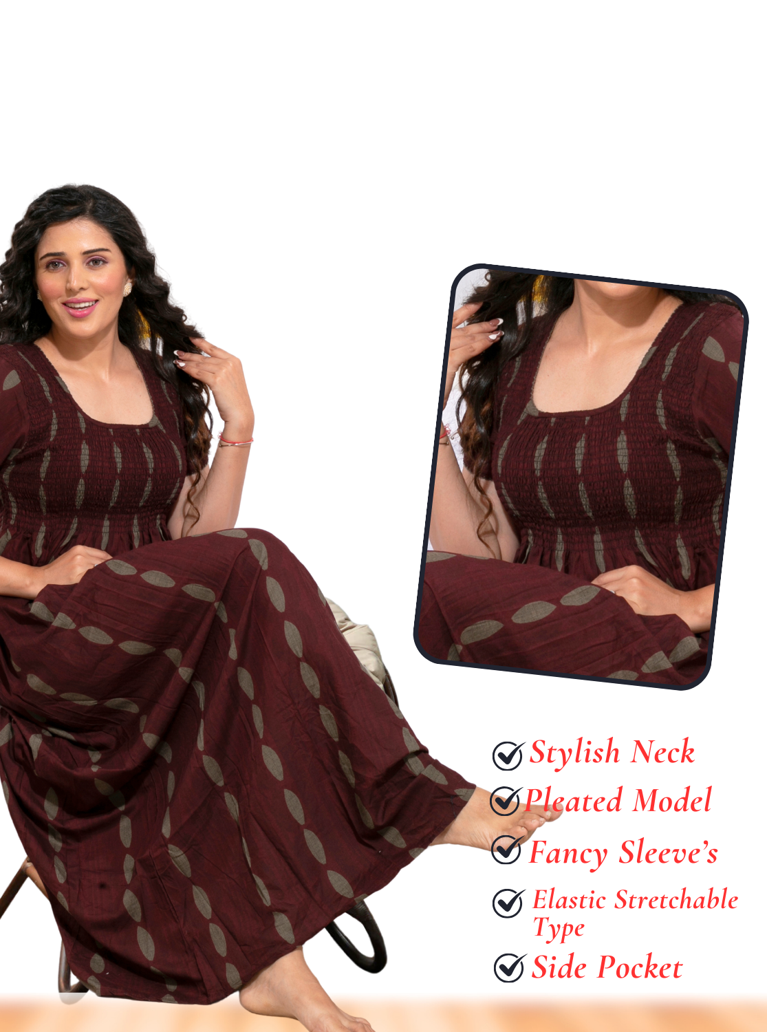 ONLY MINE Premium Smokey Nighty | Stretchable Elastic Type | Beautiful Pleated Model | Side Pocket | Stylish Nighty for Stylish Women's (OM-RAH)