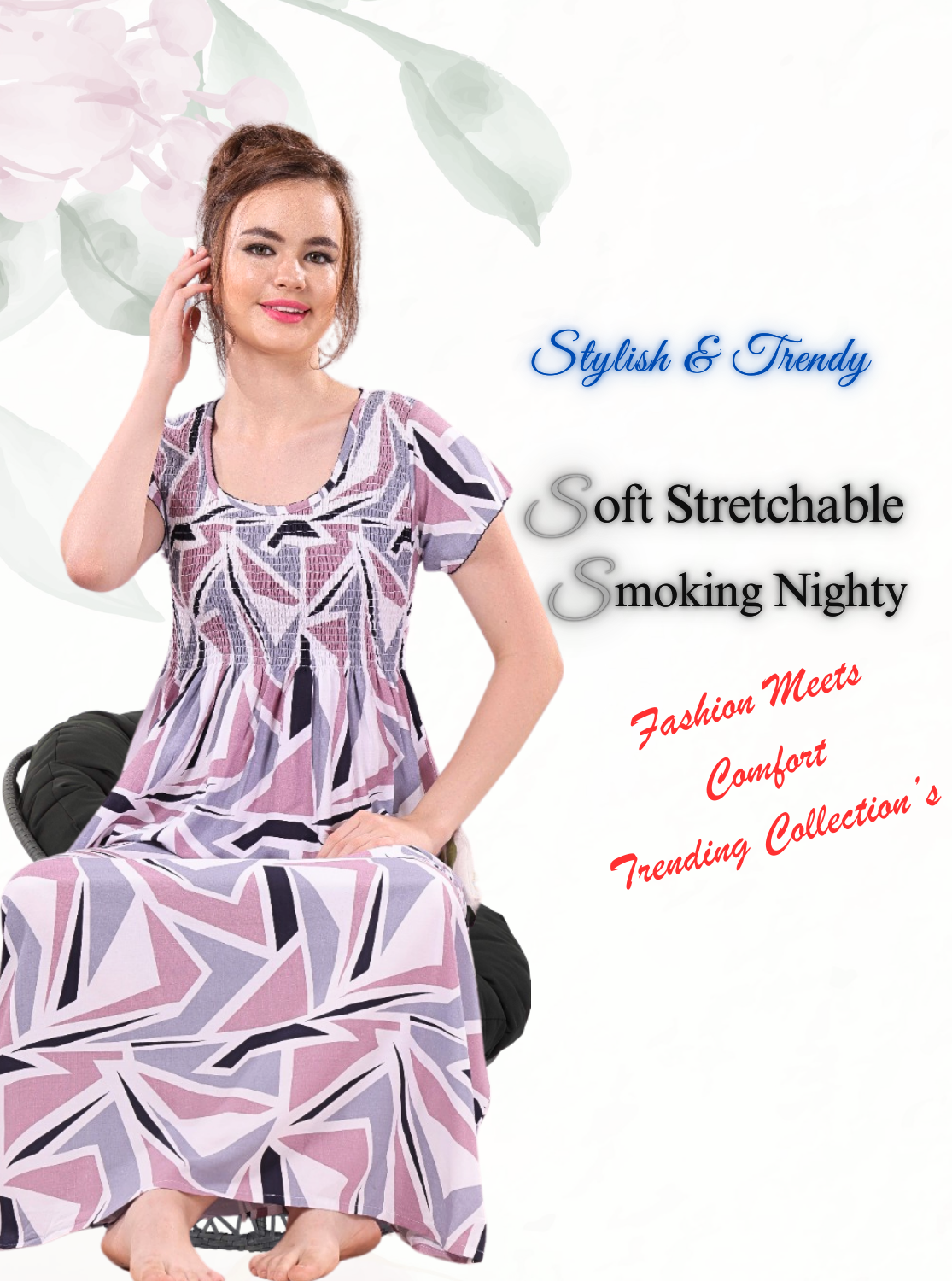 New Arrivals MANGAI Premium RAYON Smokey Nighty | Beautiful Pleated Design | Side Pocket | Stylish Nighty for Trendy Women's | Your Perfect Nightwear Collection's (RYS)