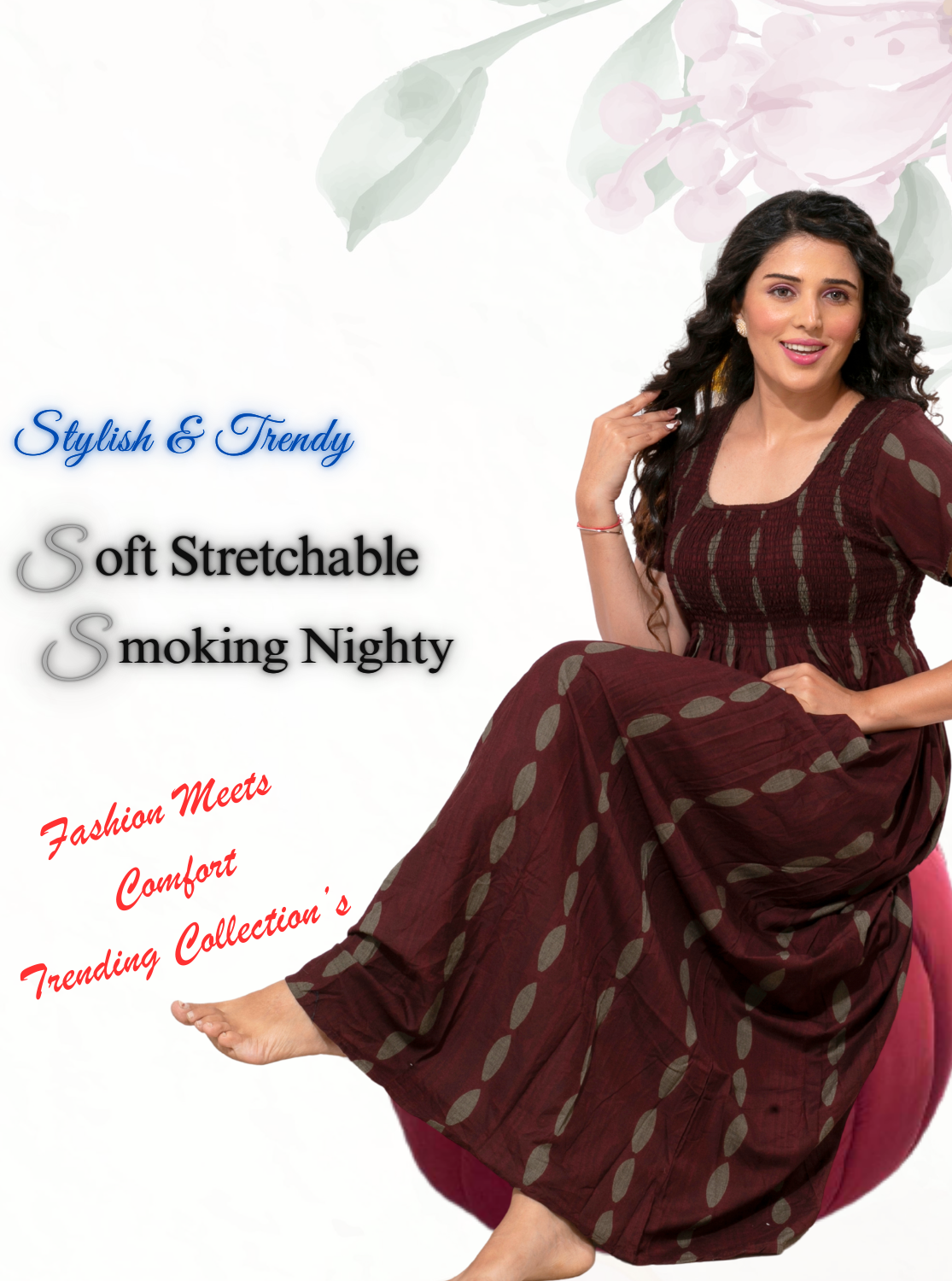 ONLY MINE Premium Smokey Nighty | Stretchable Elastic Type | Beautiful Pleated Model | Side Pocket | Stylish Nighty for Stylish Women's (OM-RAH)