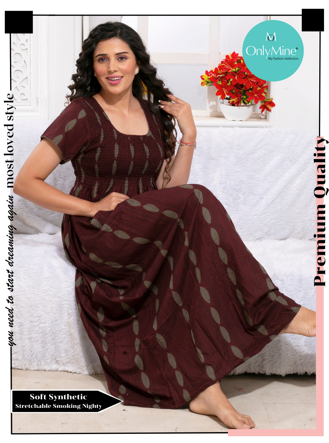 ONLY MINE Premium Smokey Nighty | Stretchable Elastic Type | Beautiful Pleated Model | Side Pocket | Stylish Nighty for Stylish Women's (OM-RAH)