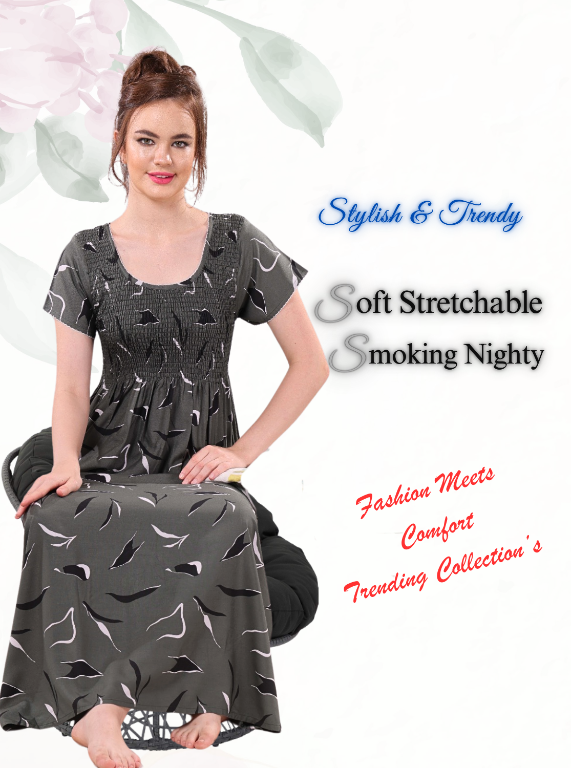 New Arrivals MANGAI Premium RAYON Smokey Nighty | Beautiful Pleated Design | Side Pocket | Stylish Nighty for Trendy Women's | Your Perfect Nightwear Collection's (RYS)