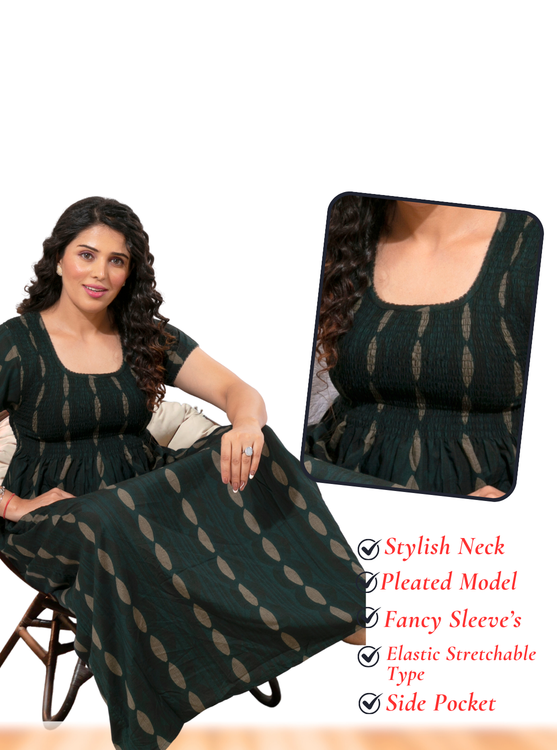 ONLY MINE Premium Smokey Nighty | Stretchable Elastic Type | Beautiful Pleated Model | Side Pocket | Stylish Nighty for Stylish Women's (OM-RAH)