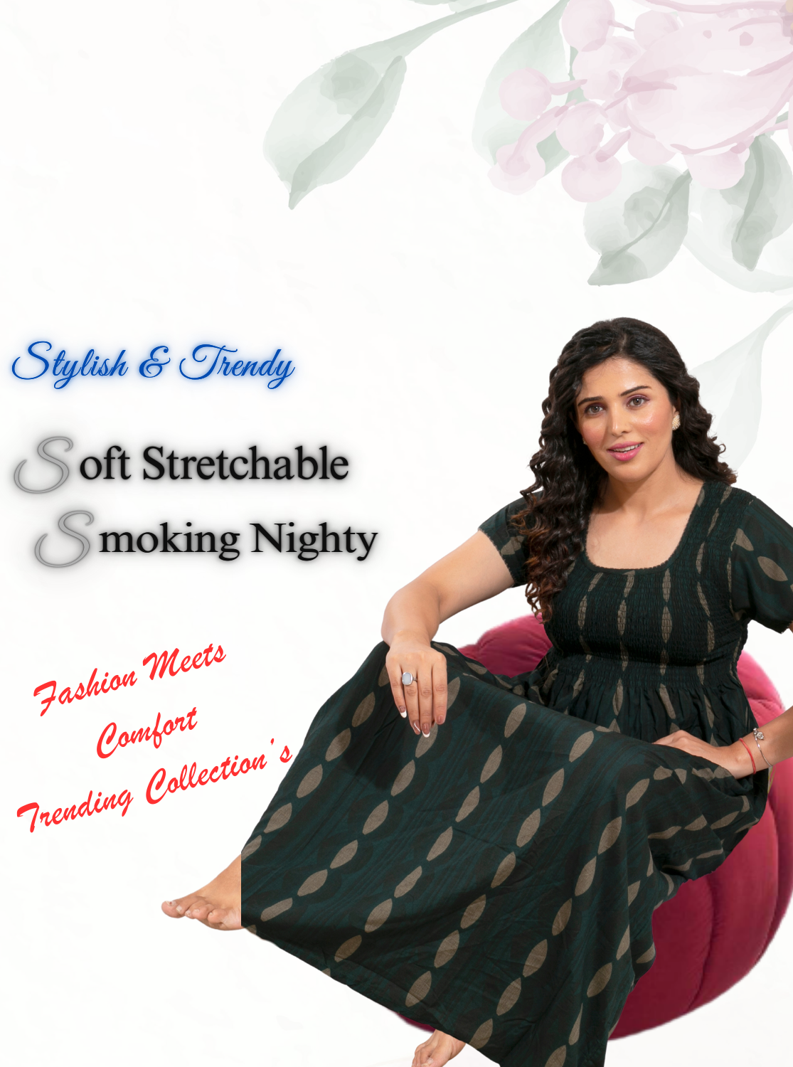 ONLY MINE Premium Smokey Nighty | Stretchable Elastic Type | Beautiful Pleated Model | Side Pocket | Stylish Nighty for Stylish Women's (OM-RAH)