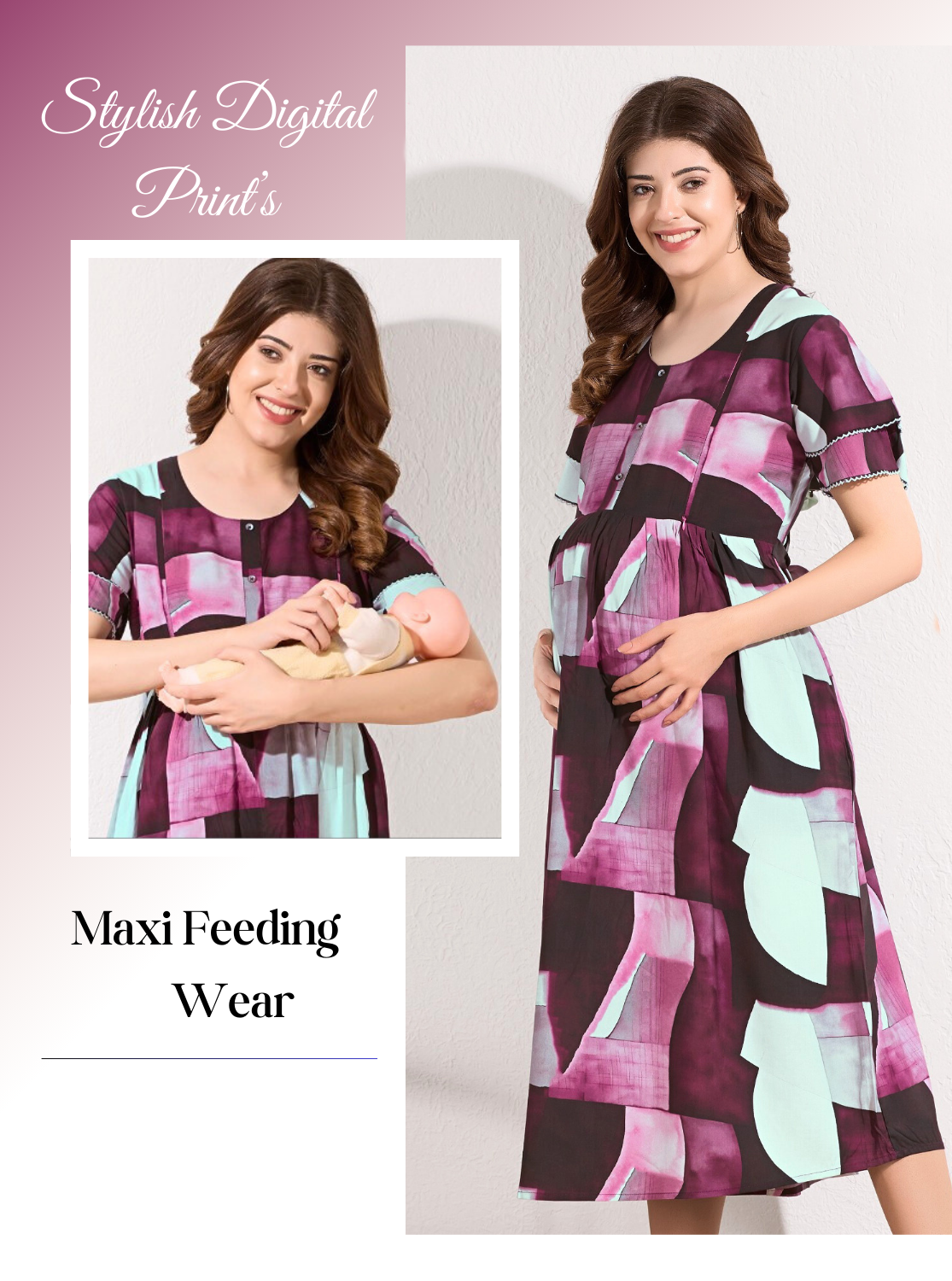 New Stylish Digital Printed Rayon Maternity MAXI Frock | Feeding Friendly Vertical Invisible Zipper's | Adjustable Back Tie Rope | Side Pocket with Fancy Sleeve's | Perfect Maternity Feeding MAXI Frock (DRM)