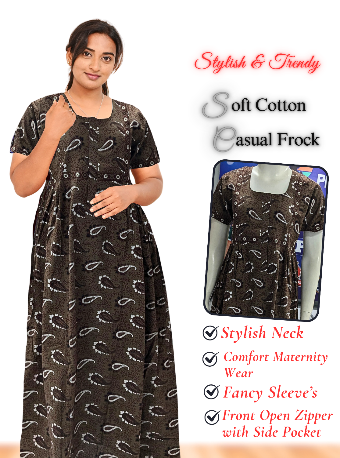 MANGAI Premium Casual Wear Cotton FROCK Model Nighties | Stylish Pleated Frock Style | Multipurpose Nighties | Casual & Pregnancy Wear | Pleated Model | Stylish Nighties for Stylish Women (MW)