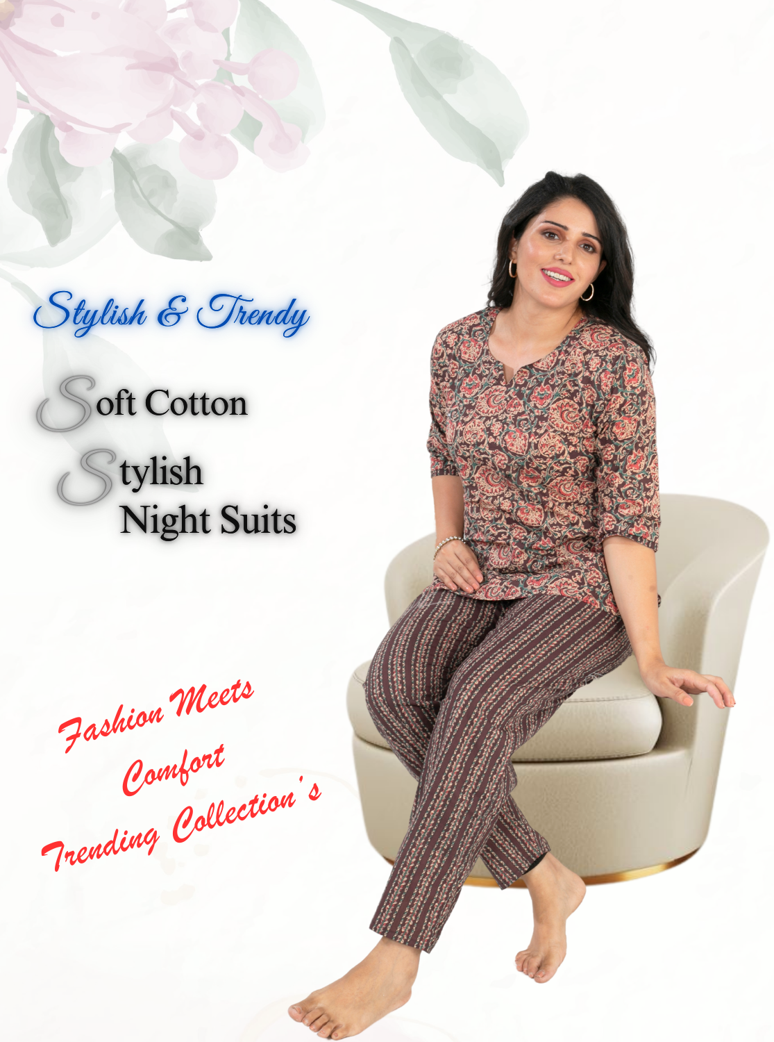 MANGAI Premium Cotton Printed Night Suits | Stylish Print's All Over | Top & Bottom Set | 3/4 Sleeve | Trendy Night Suits for Stylish Women's (CNS)