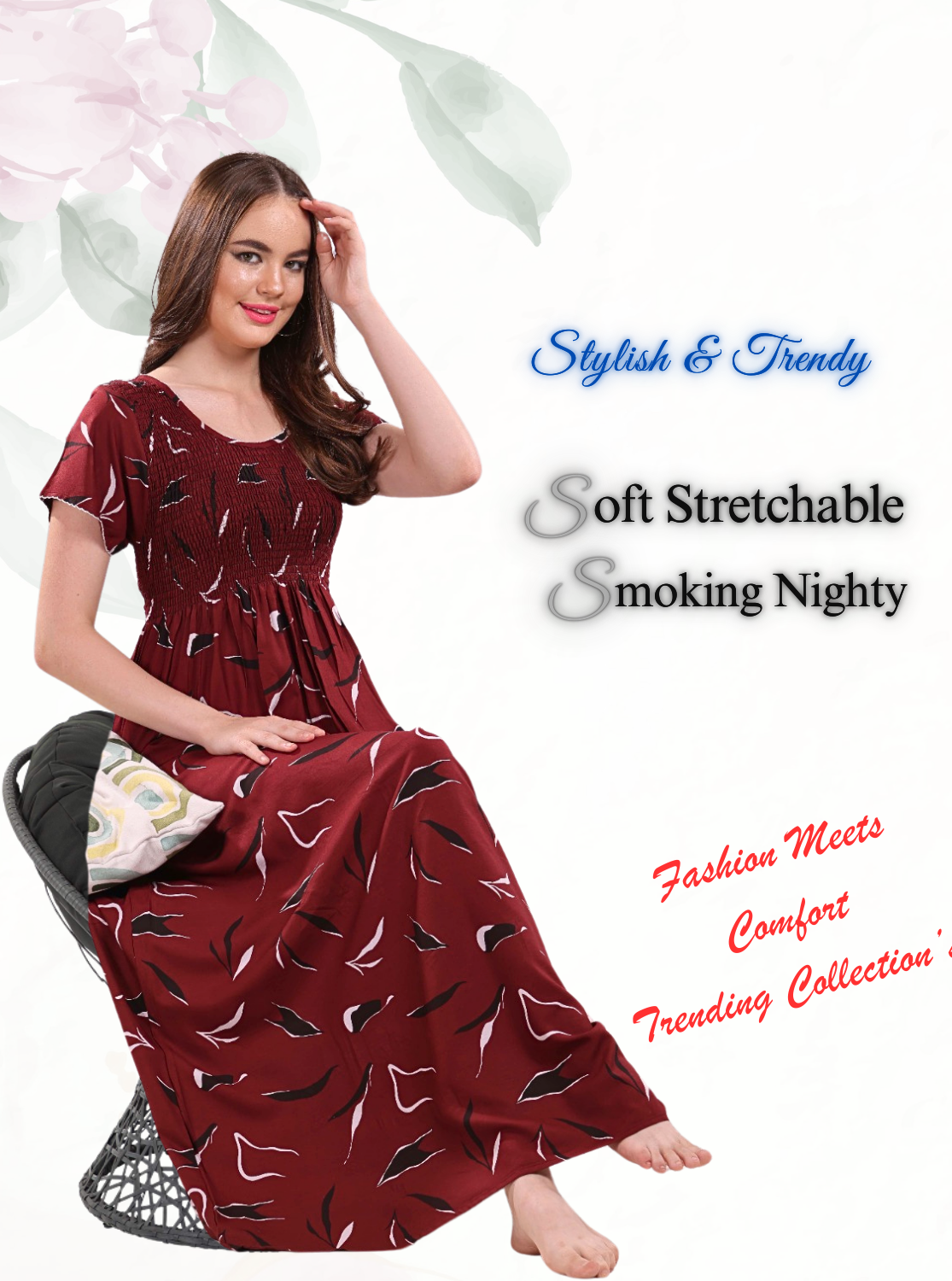 New Arrivals MANGAI Premium RAYON Smokey Nighty | Beautiful Pleated Design | Side Pocket | Stylish Nighty for Trendy Women's | Your Perfect Nightwear Collection's (RYS)