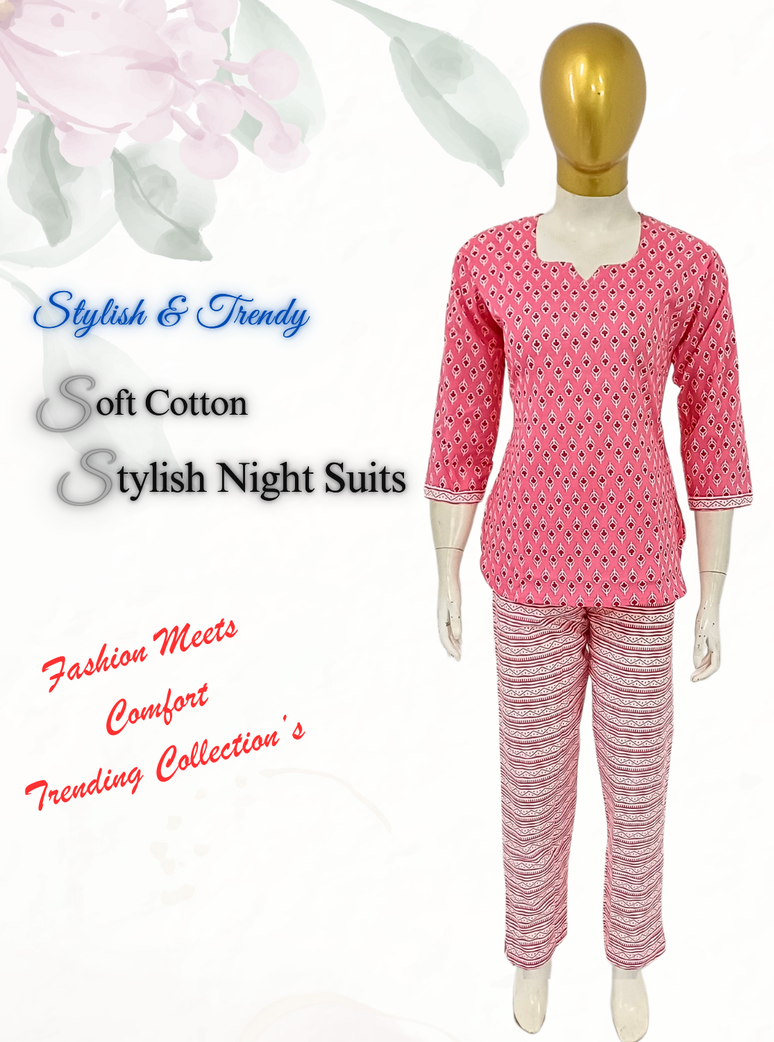 MANGAI Premium Cotton Printed Cambric Night Suits | Stylish Print's All Over | Top & Bottom Set | 3/4 Sleeve | Trendy Night Suits for Stylish Women's (CMNS)