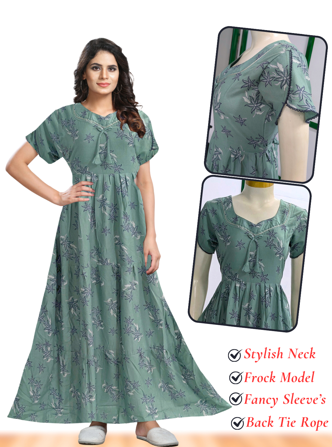 Fresh Arrivals MANGAI Alpine FULL FROCK Model Nighties | Beautiful Stylish Frock Style | Stylish Fancy Sleeves | Side Pocket | Perfect Nightwear Trendy Women's (FRK)